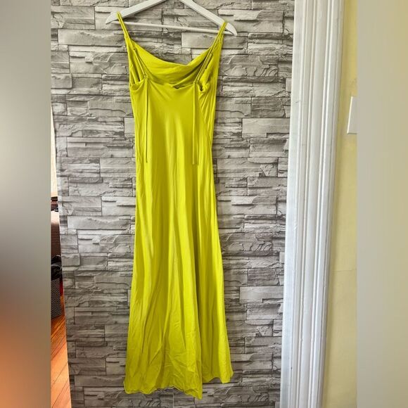 Zara || Neón Green Yellow Sheath Strap Cowl Neck Maxi Slit Dress Small - Picture 2 of 9